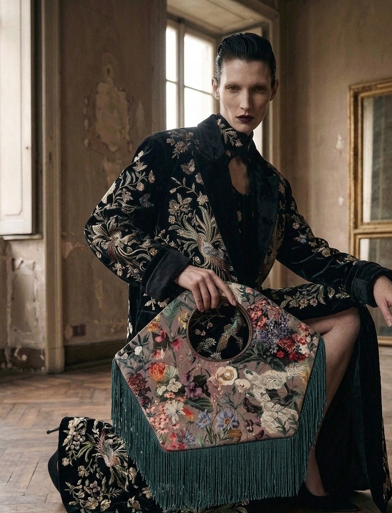 [FORGET ME NOT] Autumn Floral Velvet & fringe bag